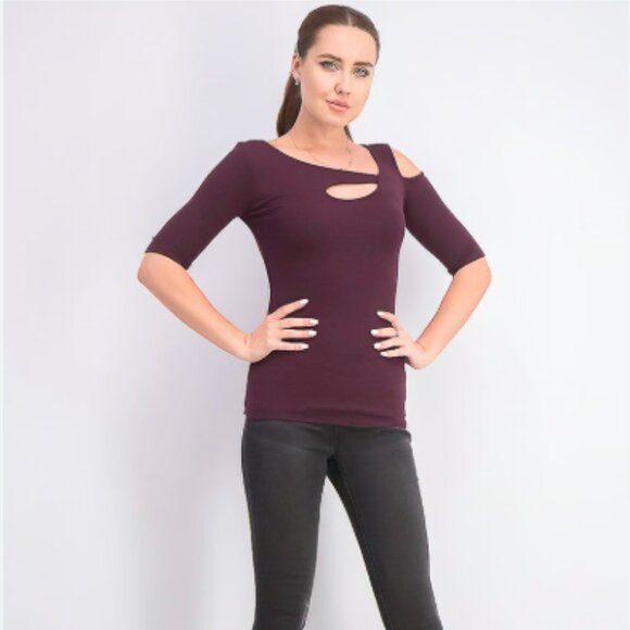 Goldray Garima Asymmetric Cold Shoulder Top, Purple/Burgundy - Picture 1 of 3